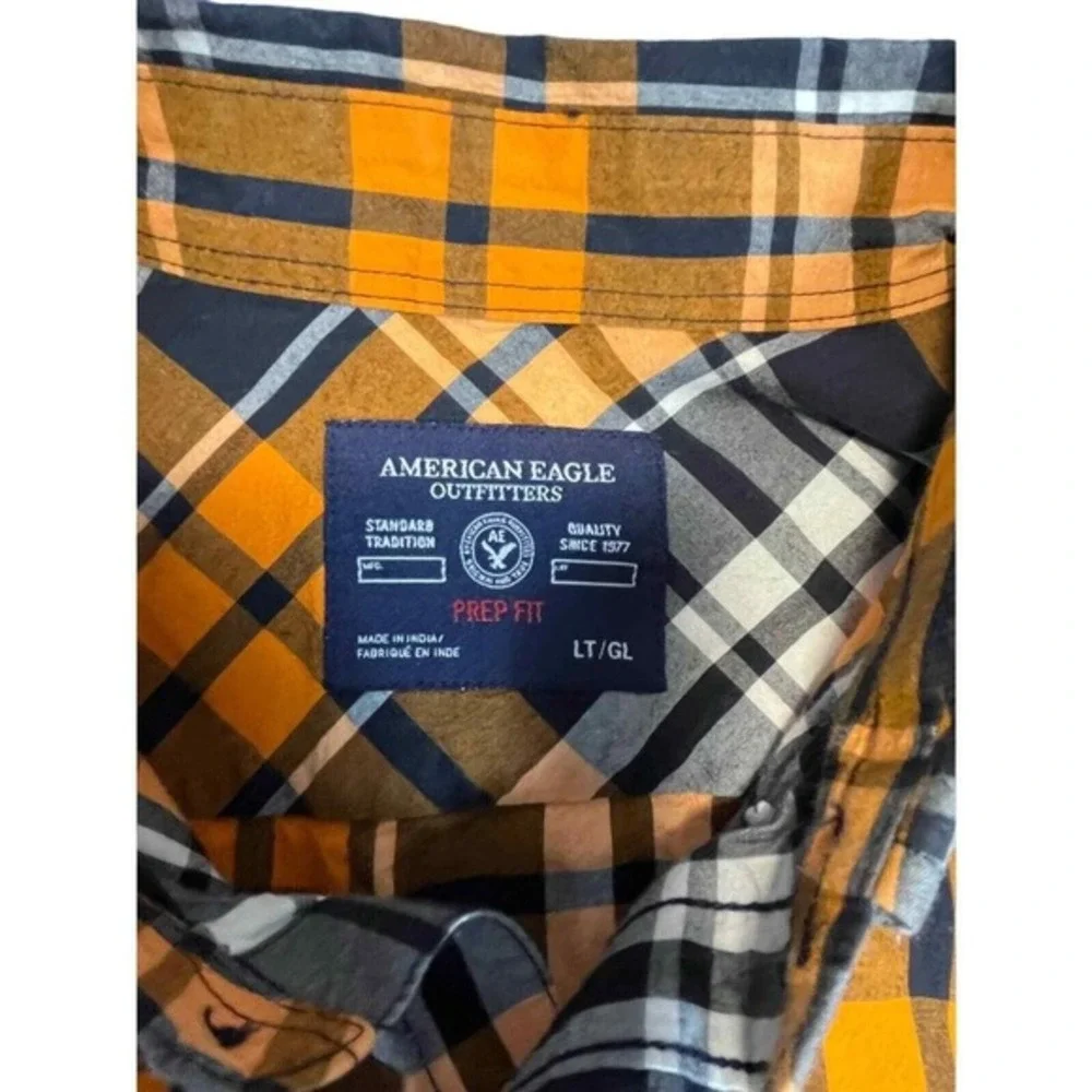American Eagle Men's Size Large Prep Fit Orange‎ Black Plaid Long Sleeve Button